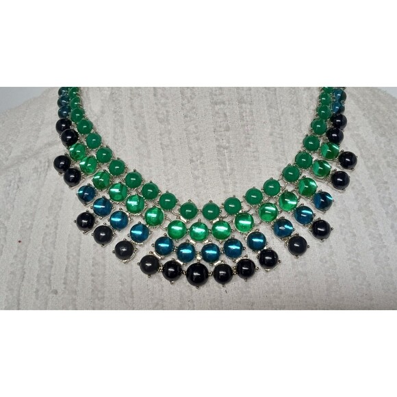 Coldwater Creek Designer Necklace Green & Blue Cabochon Silver Tone Statement - Picture 2 of 5